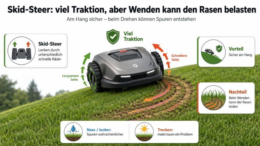 Mähroboter mit Skid-Steer Lenkung wendet auf dem Rasen und wird in einer Infografik deutlich erklärt wie er wendet.